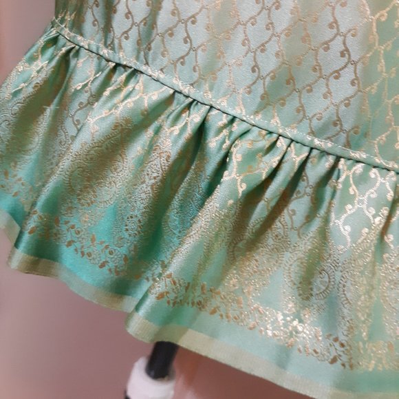 CHARMEUSE Boho Ruffled Blouse XL Mint green Gold Silky print Sexy V-neck Tie sle - Picture 8 of 12